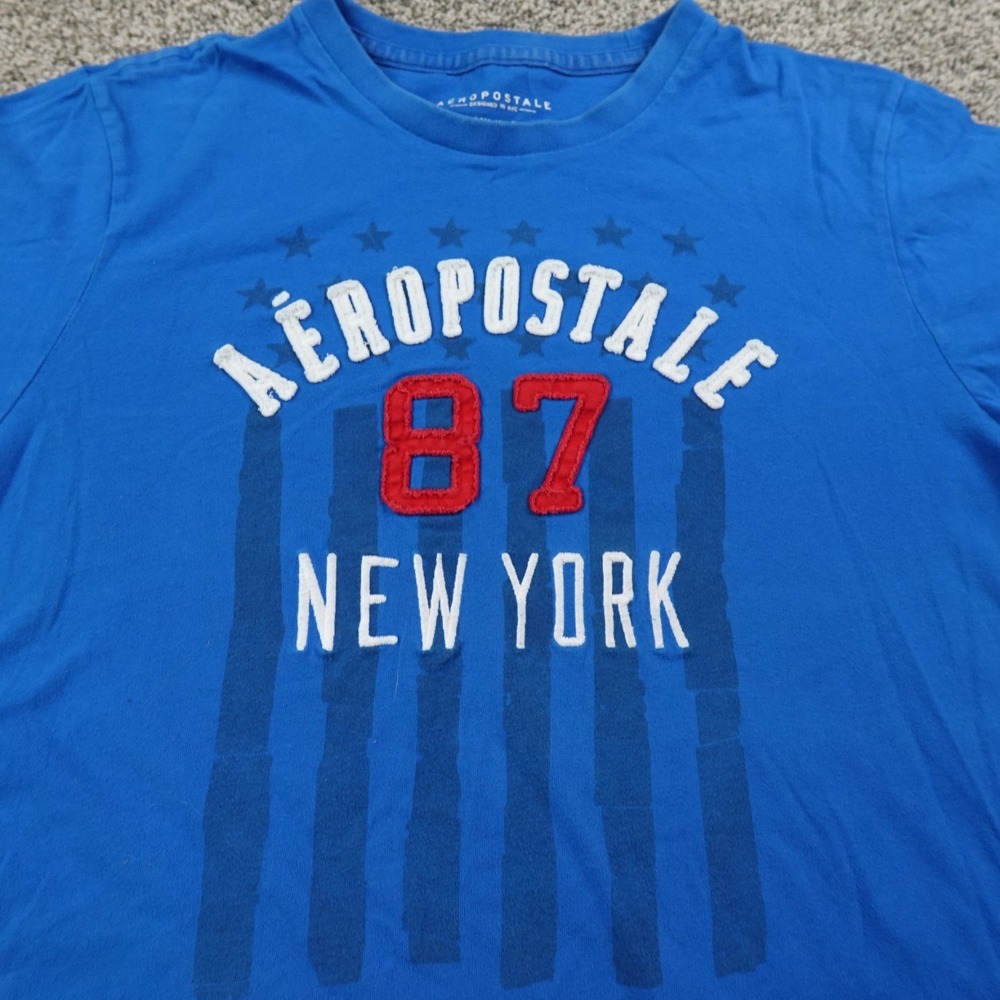 Aeropostale Shirt Mens 3XL Blue Applique Flag Logo Short Sleeve Preppy Y2K Aero